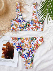 Chinese Style Printing U-Neck Split Bikini Swimsuit