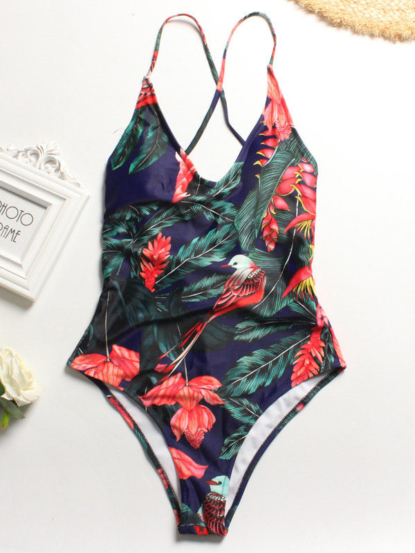 Floral-Print Sleeveless Backless Tight One-Piece Swimwear