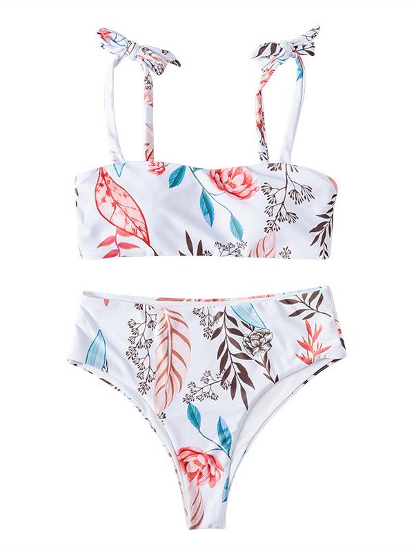 Floral-Print Bandeau Knotted Split Bikini Swimsuit