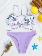 Floral-Print Color-Block Bandage Split Bikini Swimsuit