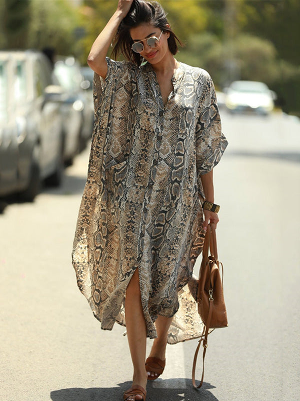 Animal Printed Loose Pocket Cardigan Vacation Beach Cover-Up Swimwear