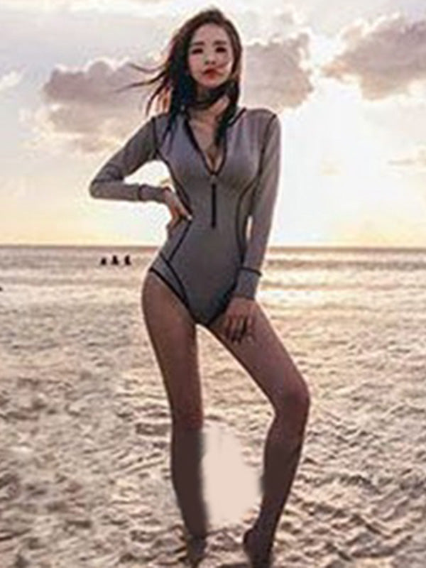 Split-Joint Long Sleeve Front Zipper Solid Color One-Piece Rash Guard Swimwear