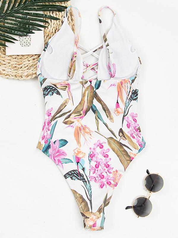 Floral-Print Bandage Hollow Split Bikini Swimsuit