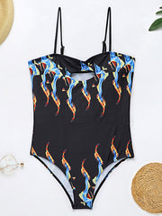 Floral Spaghetti-Neck Bandeau Hollow One-Piece Swimwear