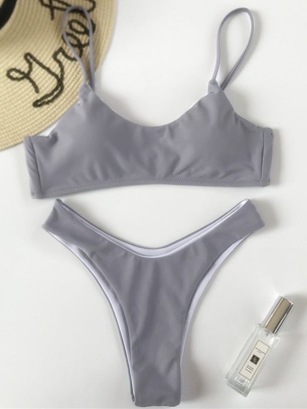 Solid Round-Neck Plunge Top With Hipster Bikini Set