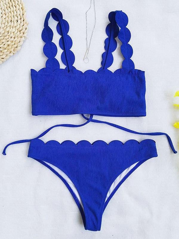 Solid Color Lace Bandage Bandeau Split Bikini Swimsuit