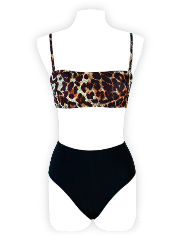 Leopard Print Bandeau Spaghetti-Neck Color-Block Split Bikini Swimsuit