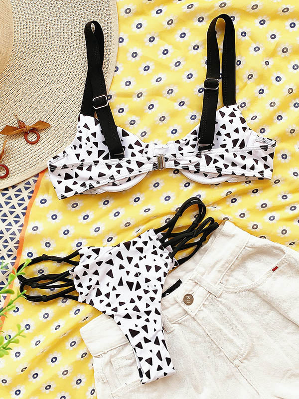 Polka-Dot Printed Underwired Bandage Split Bikini Swimsuit