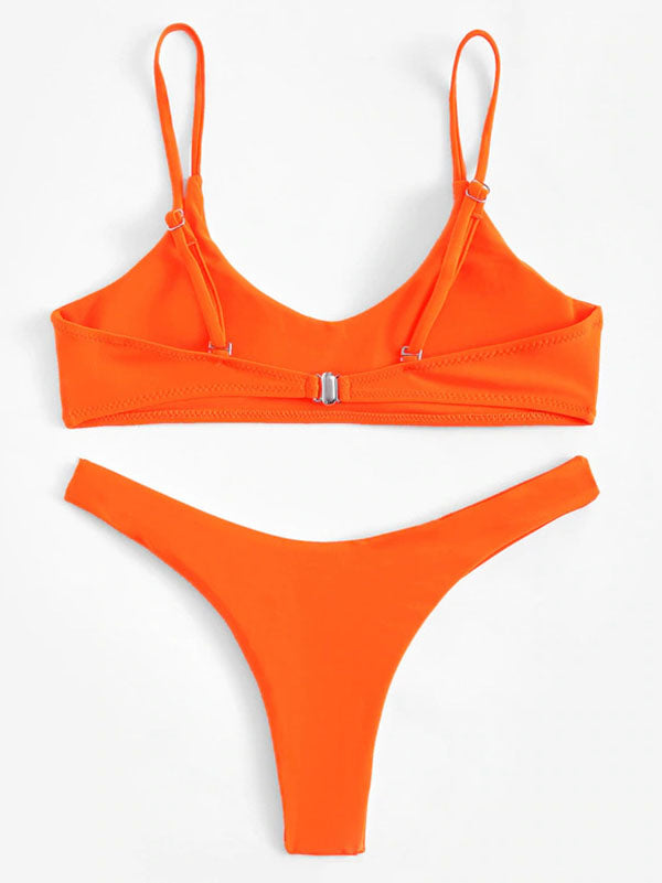 Solid Color Spaghetti-Neck Split Bikini Swimsuit