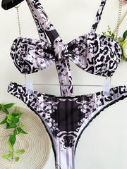 Abstract Printed Asymmetric Bandeau Split Bikini Swimsuit