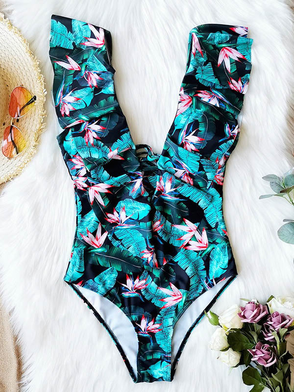 Floral Printed Falbala One-Piece Swimsuit