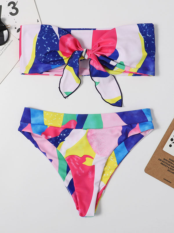 Bandeau-Bikini mit Blumenmuster und Knoten, mehr Bedeckung 