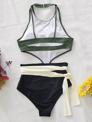 Solid Hollow Split-Joint One-Piece Swimsuit