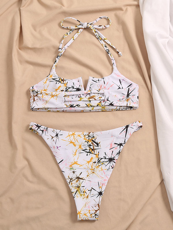 Abstract Printed Halterneck Split Bikini Swimsuit