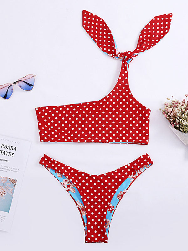 One-Shoulder Knotted Polka Dot Bikini Swimwear