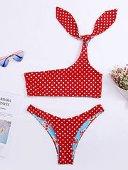 One-Shoulder Knotted Polka Dot Bikini Swimwear