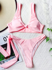 Solid Bandage Knot Split Bikini Swimsuit