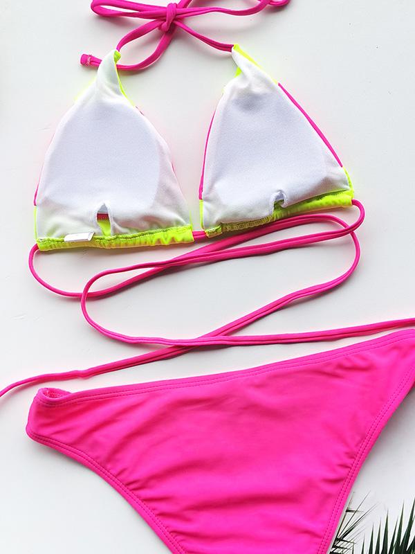 Color-Block Bandage Triangles Split Bikini Swimsuit