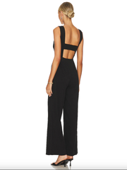 Schwarzer Jumpsuit mit eckigem Ausschnitt, ärmellos, weites Bein, einteiliges Outfit 