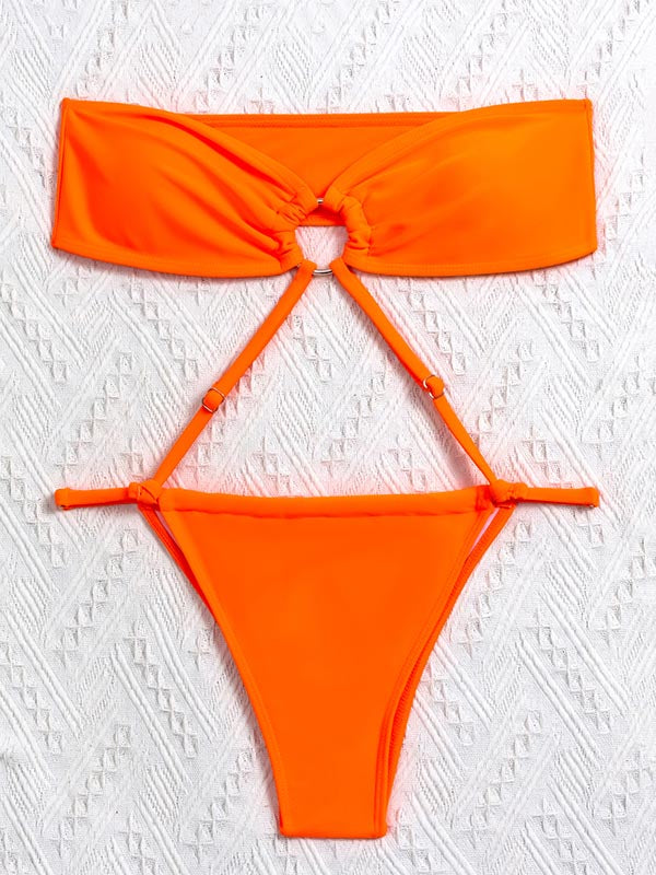 Solid Color Split-Joint Bandeau Monokini Swimwear