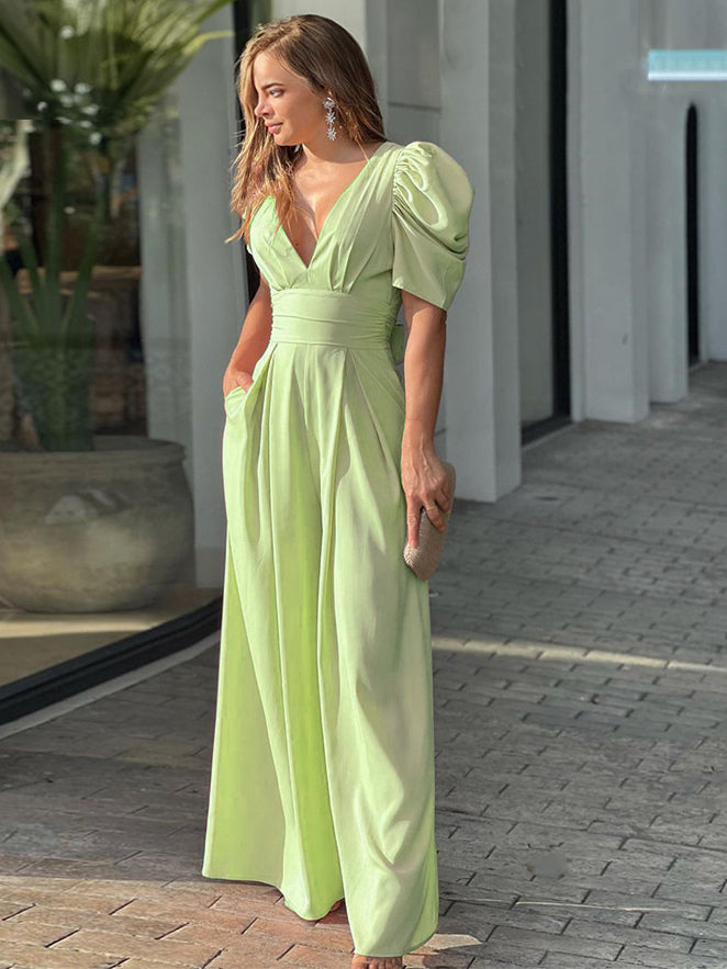 Green Jumpsuit Lace Up Backless Chiffon Wide Legs Summer One Piece Outfit