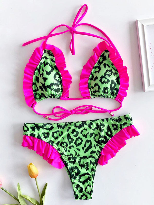 Leopard Falbala Triangles Hipster Halterneck Bikini Swimwear