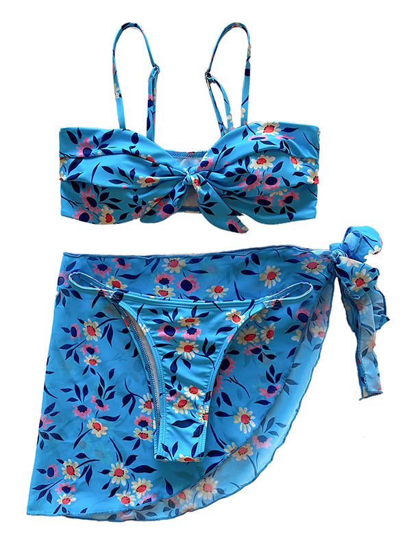 Dreiteiliger Bikini-Badeanzug mit Blumenmuster, Schleife und Schlitz 