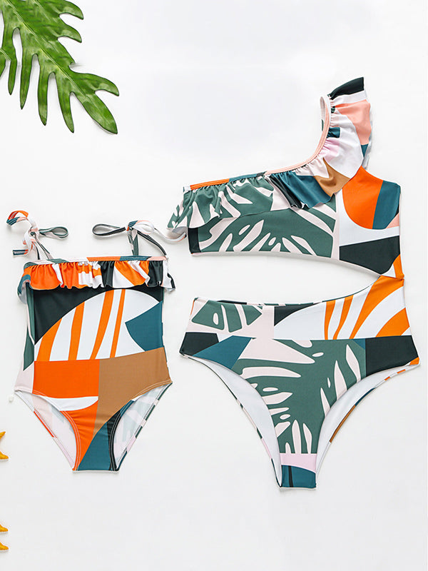 One-Shoulder Falbala Floral-Print One-Piece Swimwear