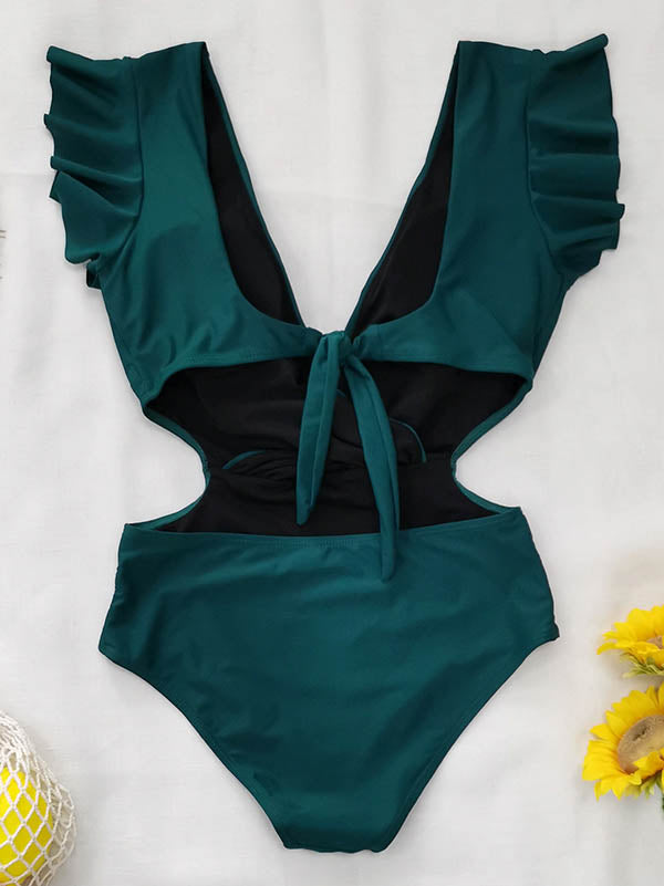 Solid Color Ruffled V-Neck One-Piece Swimsuit