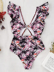 Floral-Printed Falbala Hollow One-Piece Swimsuit