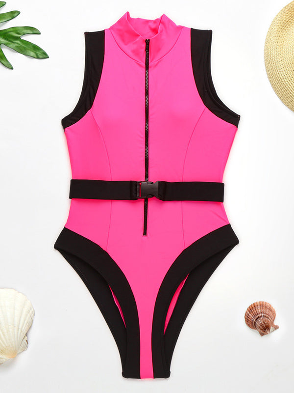 Contrast Color Split-Joint Belted Zipper One-Piece Swimwear