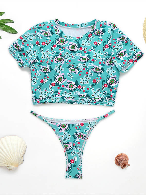 Floral-Print Short Sleeve Split Handsome Wetsuit