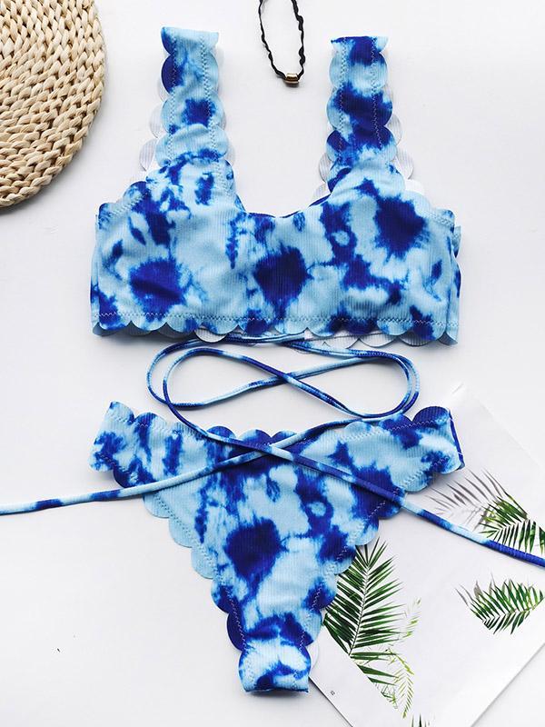 Tie-Dyed Floral-Print Deep V-Neck Bandage Split Bikini Swimsuit