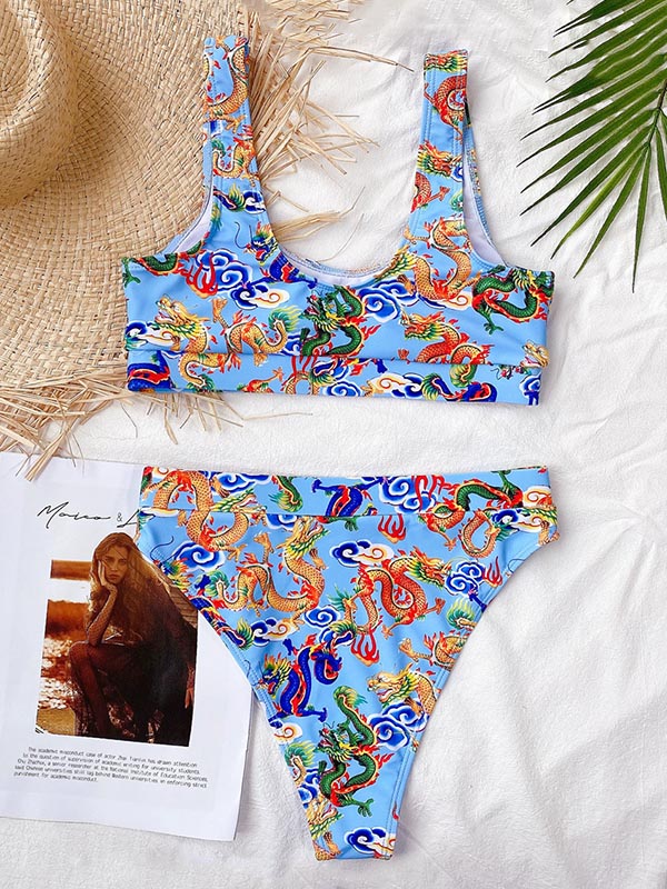 Chinese Style Printing U-Neck Split Bikini Swimsuit