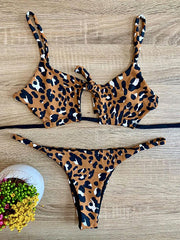 Spaghetti-Neck Split-Joint Leopard Bikini Swimwear