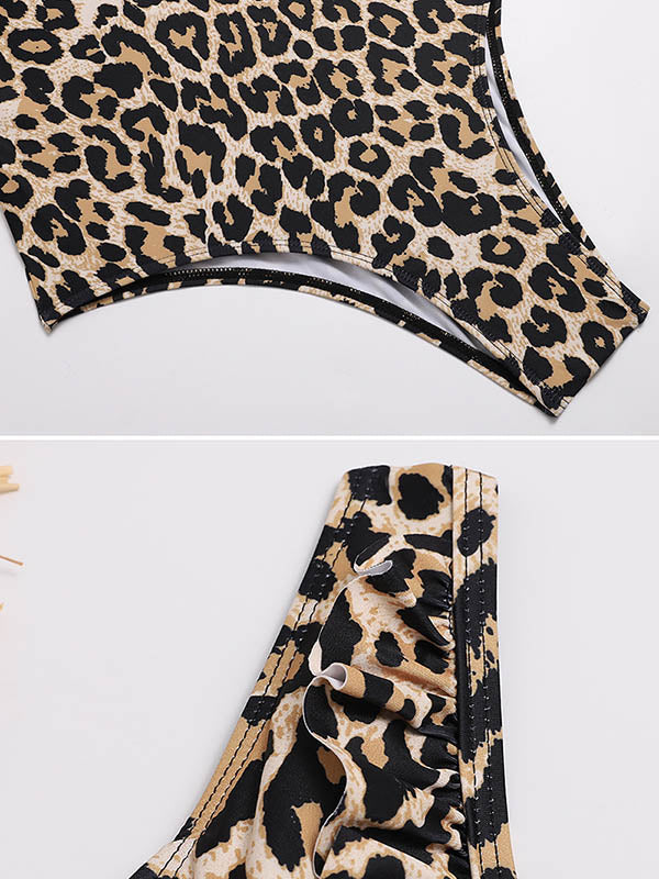 Asymmetric Split-Joint Leopard Print Backless One-Piece Swimwear