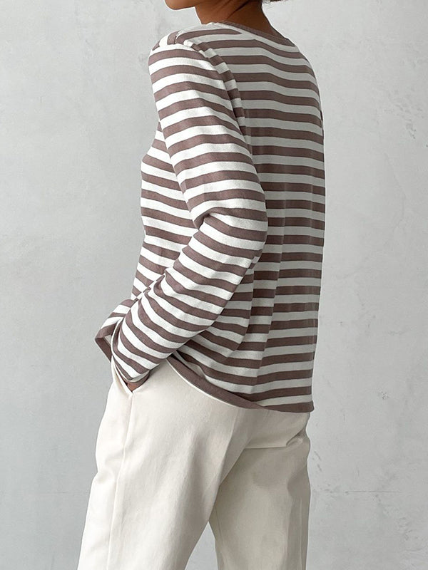 Long Sleeves Loose Split-Joint Striped Round-Neck Sweater Tops