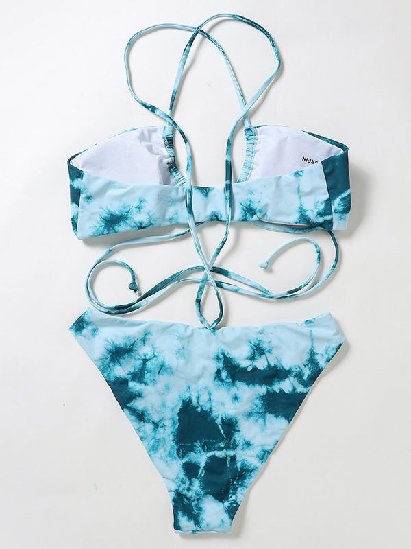 Tie-Dyed Hollow Lace-Up Split Bikini Swimsuit