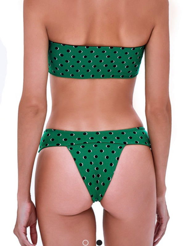 Polka Dot Print Bandeau Split-Joint Sleeve Brazilian Bikini Swimwear