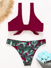 Floral-Print Color-Block Knotted Split Bikini Swimsuit