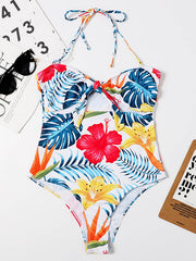 Floral Print Bandeau Knotted Hollow One-Piece Swimwear