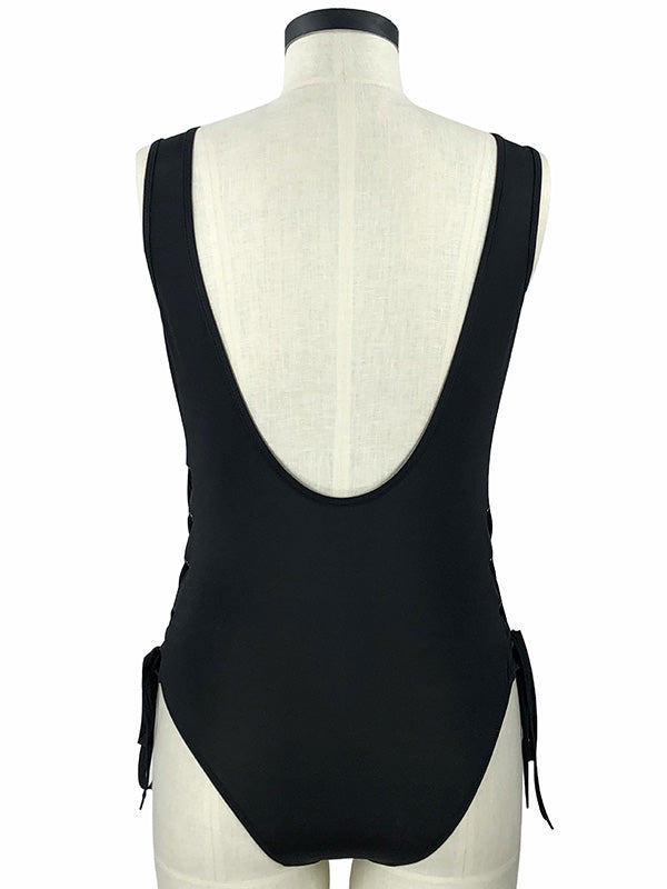 Solid Color Bandage Split-Joint One-Piece Swimwear