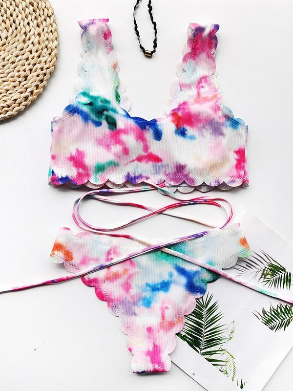 Tie-Dyed Floral-Print Deep V-Neck Bandage Split Bikini Swimsuit