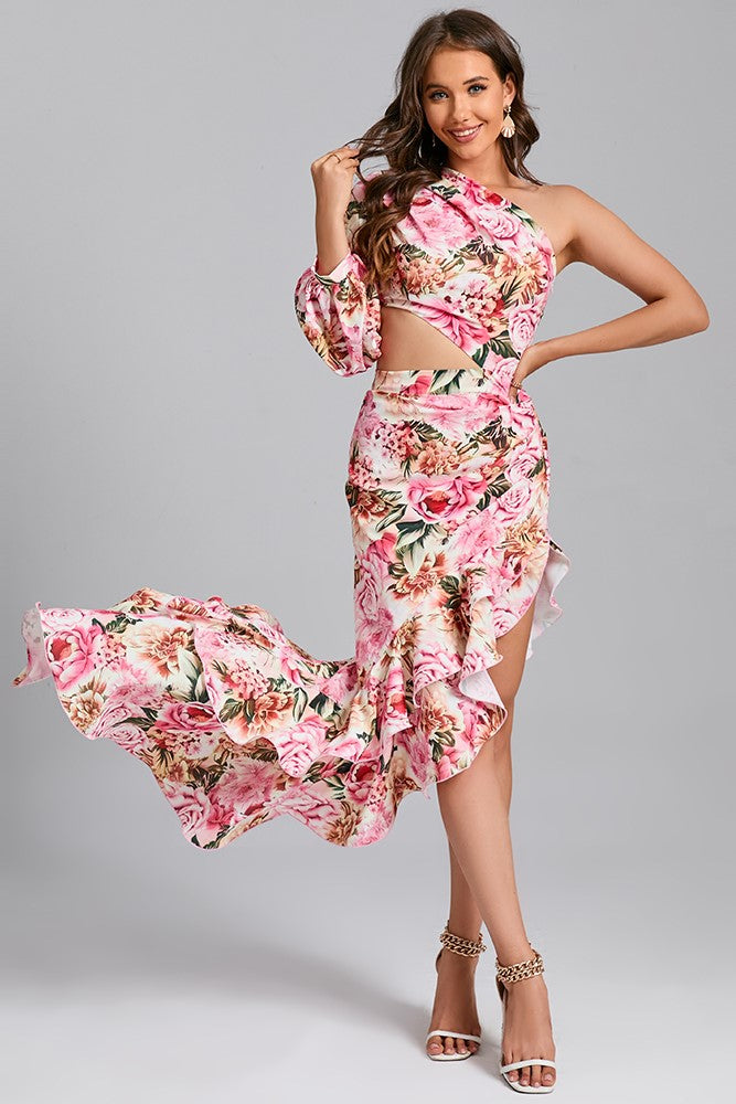 Floral Slanted Shoulder Long Sleeve Ruffle Irregular Maxi Dress