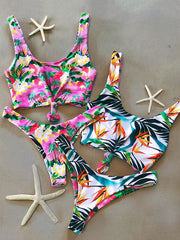 Floral-Print Round-Neck Split Bikini Swimsuit