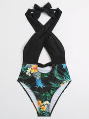 Floral-Print Split-Joint Backless Halterneck One-Piece Swimwear