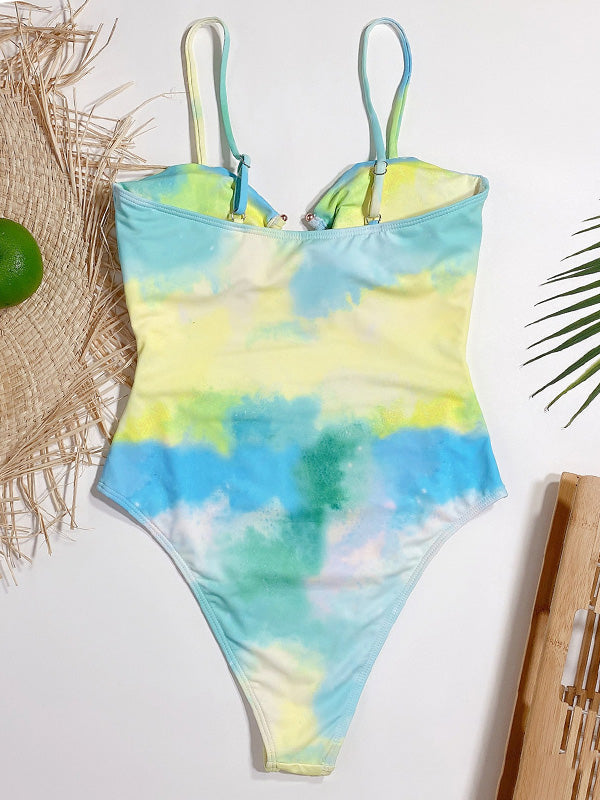 Tie-Dyed Split-Joint Hollow Slim Spaghetti-Neck One-Piece Swimwear