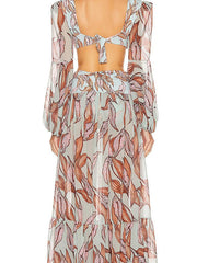 Floral-Print Bandage Puff Sleeves Asymmetric Bohemian Maxi Dress