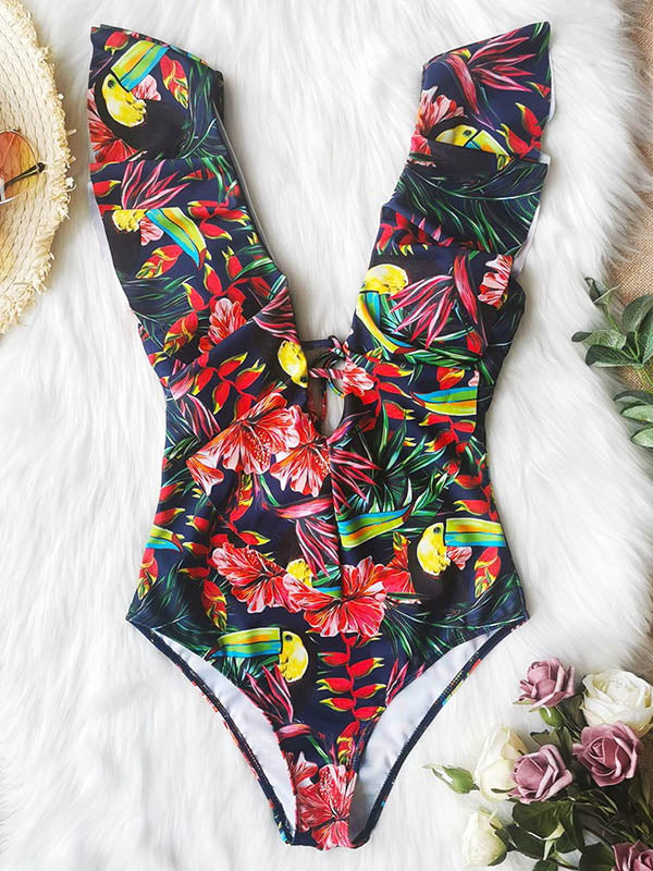 Floral Printed Falbala Backless  One-Piece Swimsuit