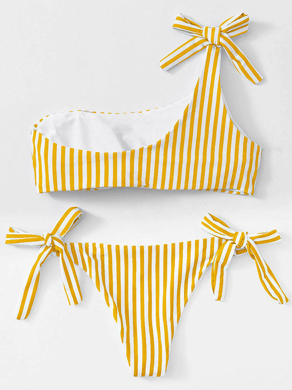 Striped One-Shoulder Knotted Split Bikini Swimsuit